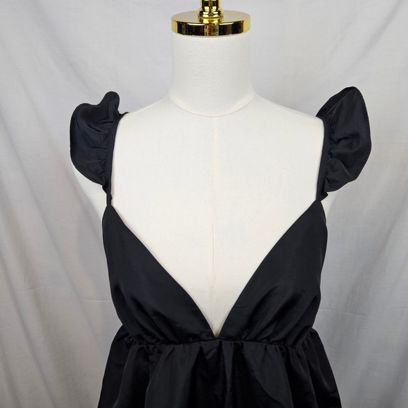 Wild Fable Black Ruffle Strap Plunge Neck Bubble Hem‎ Mini Dress M Fairy Boho - Picture 3 of 7